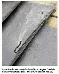 Slate hooks are manufactured in a range of metals, but only stainless steel should be used in the UK.
