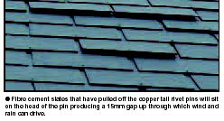 Fibre cement slates that have pulled off the copper tail rivet pins will sit on the head of the pin producing a 15mm gap up through which wind and rain can drive.