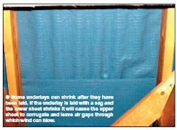 Some underlays can shrink after they have been laid. If the underlay is laid with a sag and the lower sheet shrinks it will cause the upper sheet to corrugate and leave air gaps through which wind can blow.