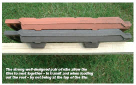 The strong well-designed pair of nibs allow the tiles to nest together  in transit and when loading out the roof  by not being at the top of the tile.